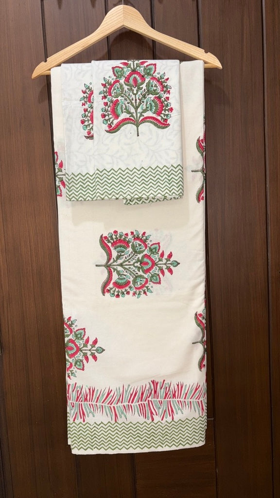 Pink, white and green floral double bedsheet 108x108 (B17)
