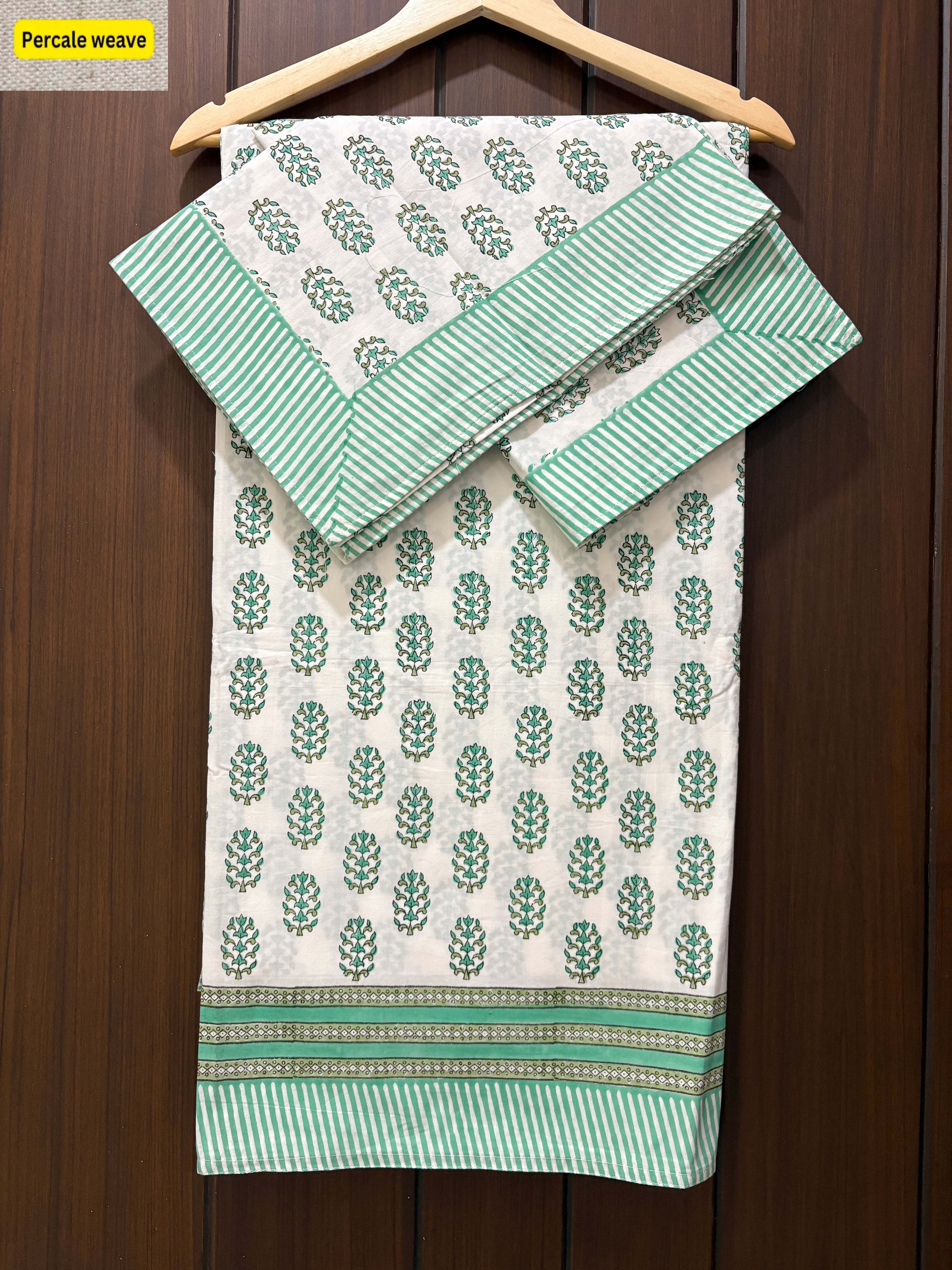 Green and white Percale double bedsheet 108x108 (P3)